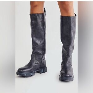 Free People Tall Brooke Women's Black Leather Knee-High Chunky Boots